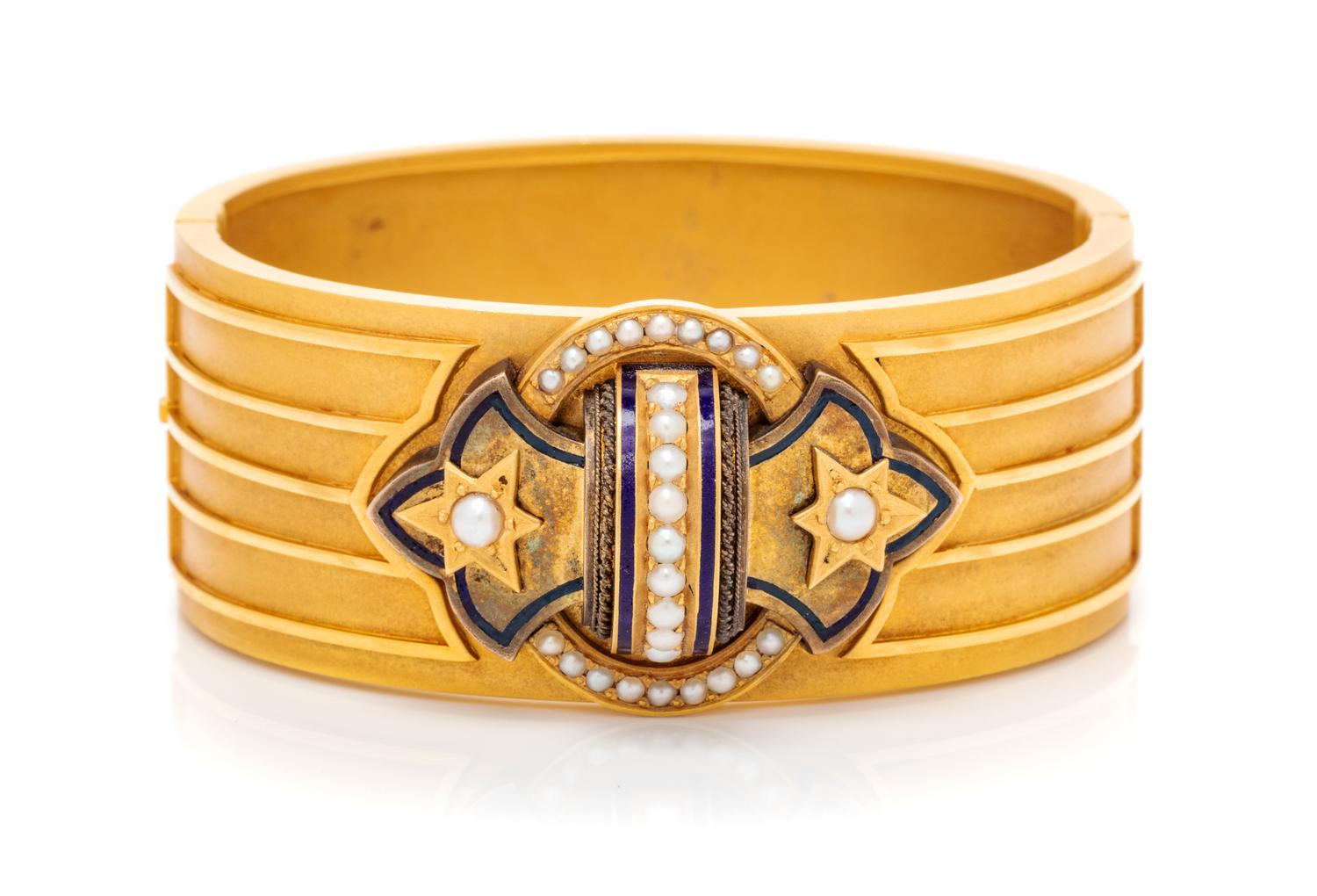 A Yellow Gold, Cultured Pearl and Enamel Bangle Bracelet, 42.00 dwts.