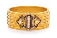 A Yellow Gold, Cultured Pearl and Enamel Bangle Bracelet, 42.00 dwts.