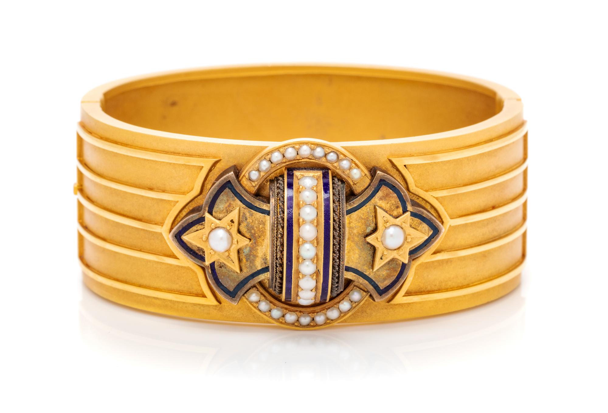 A Yellow Gold, Cultured Pearl and Enamel Bangle Bracelet, 42.00 dwts.