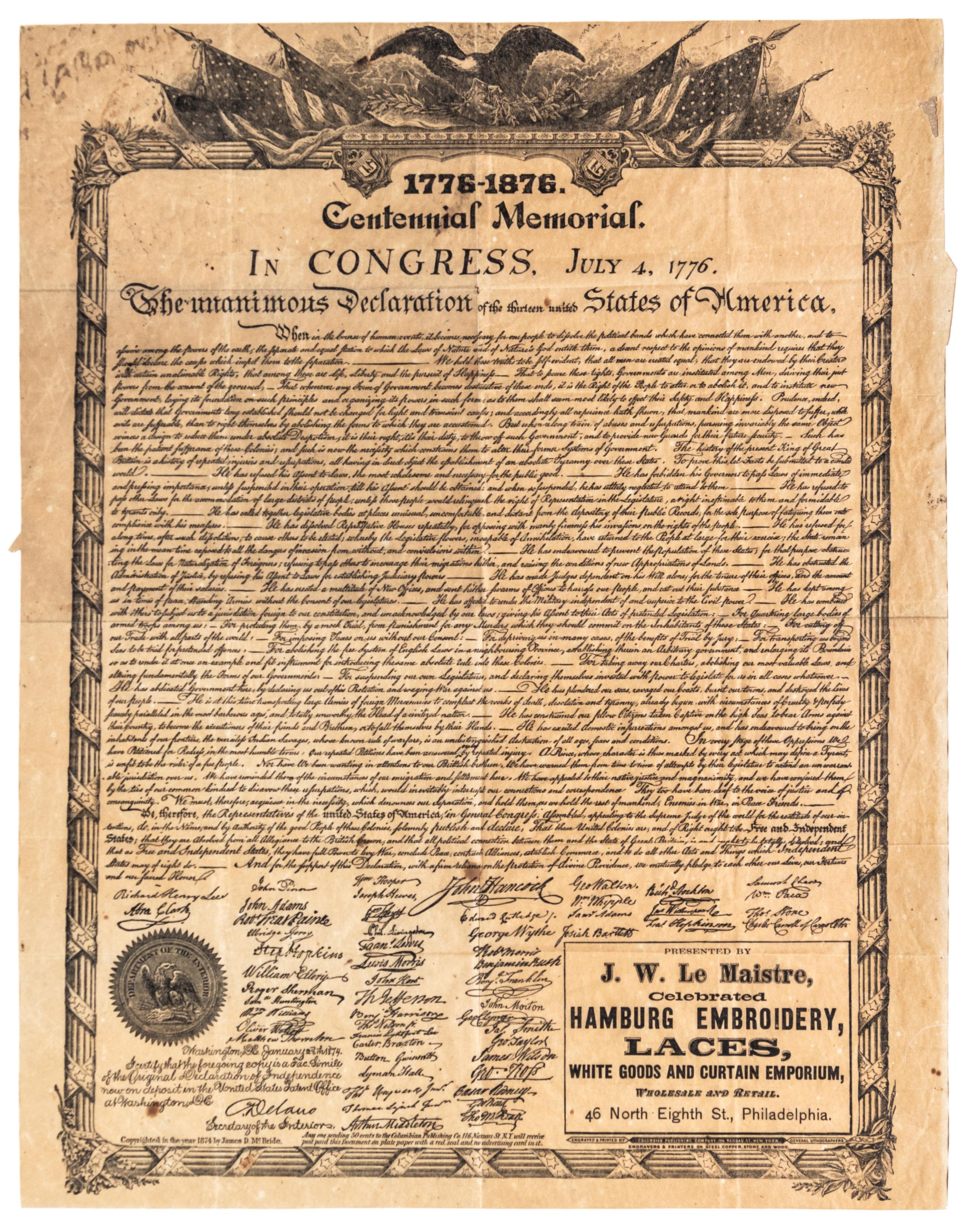 (BROADSIDE) Declaration of Independence. Centennial Memorial Broadside. New York, c. 1876.