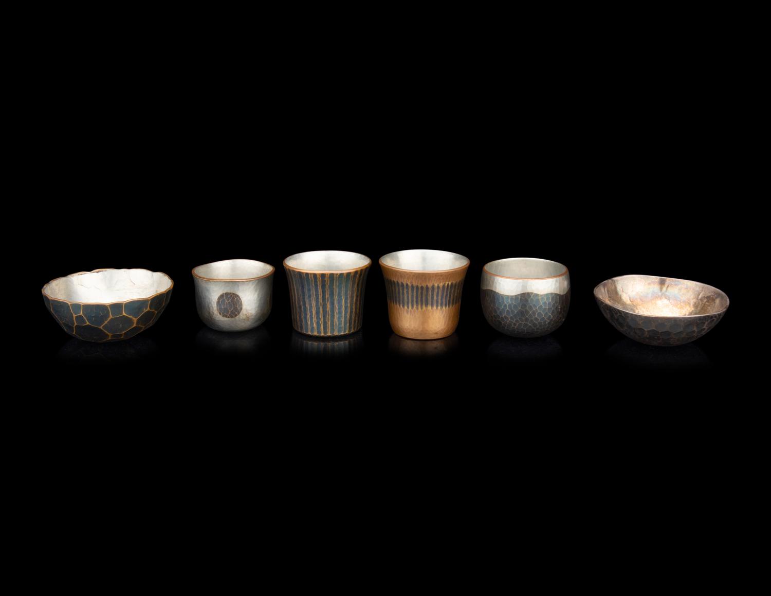 Six Japanese Silver Inset Metal Bowls and Cups