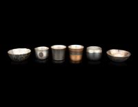 Six Japanese Silver Inset Metal Bowls and Cups