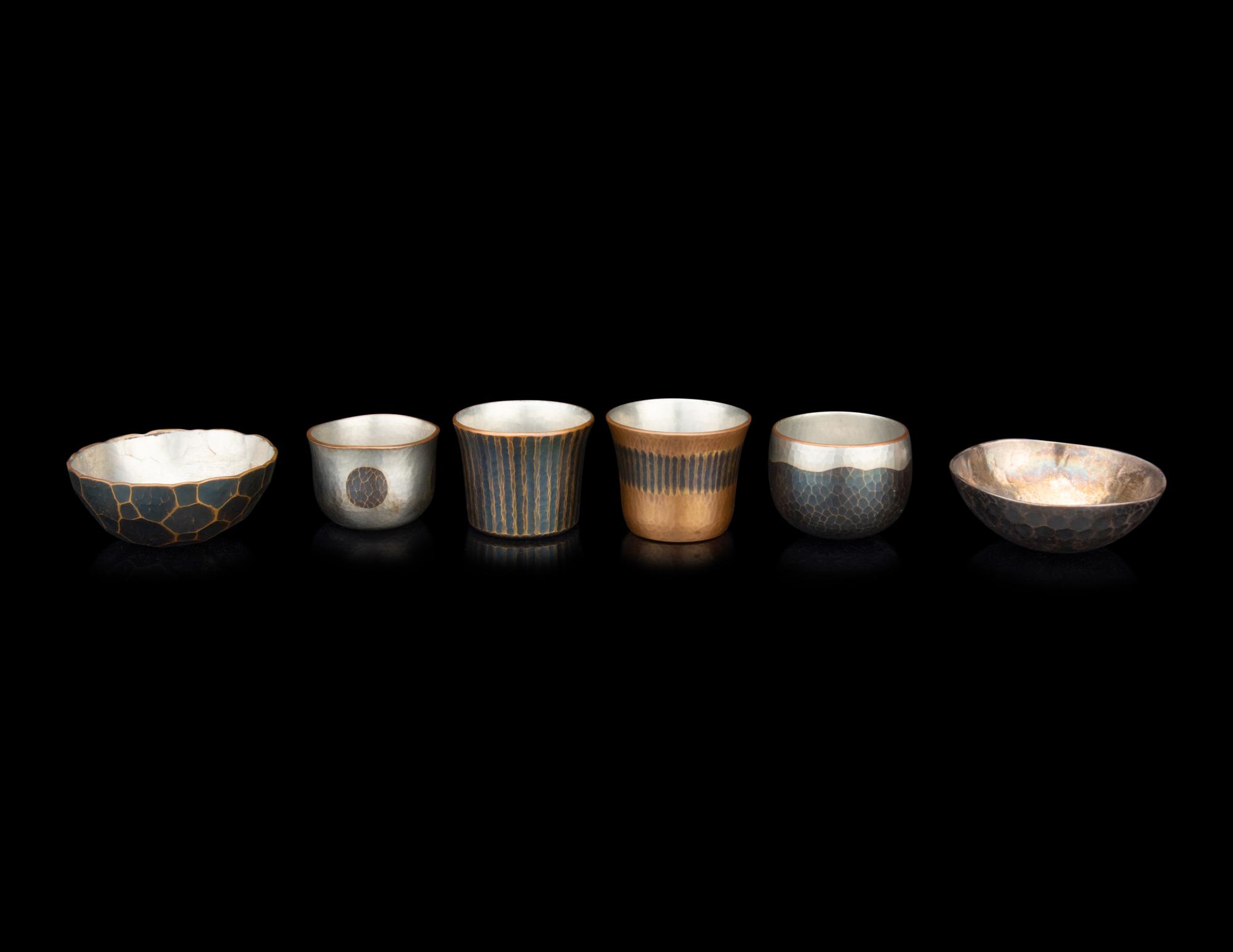 Six Japanese Silver Inset Metal Bowls and Cups