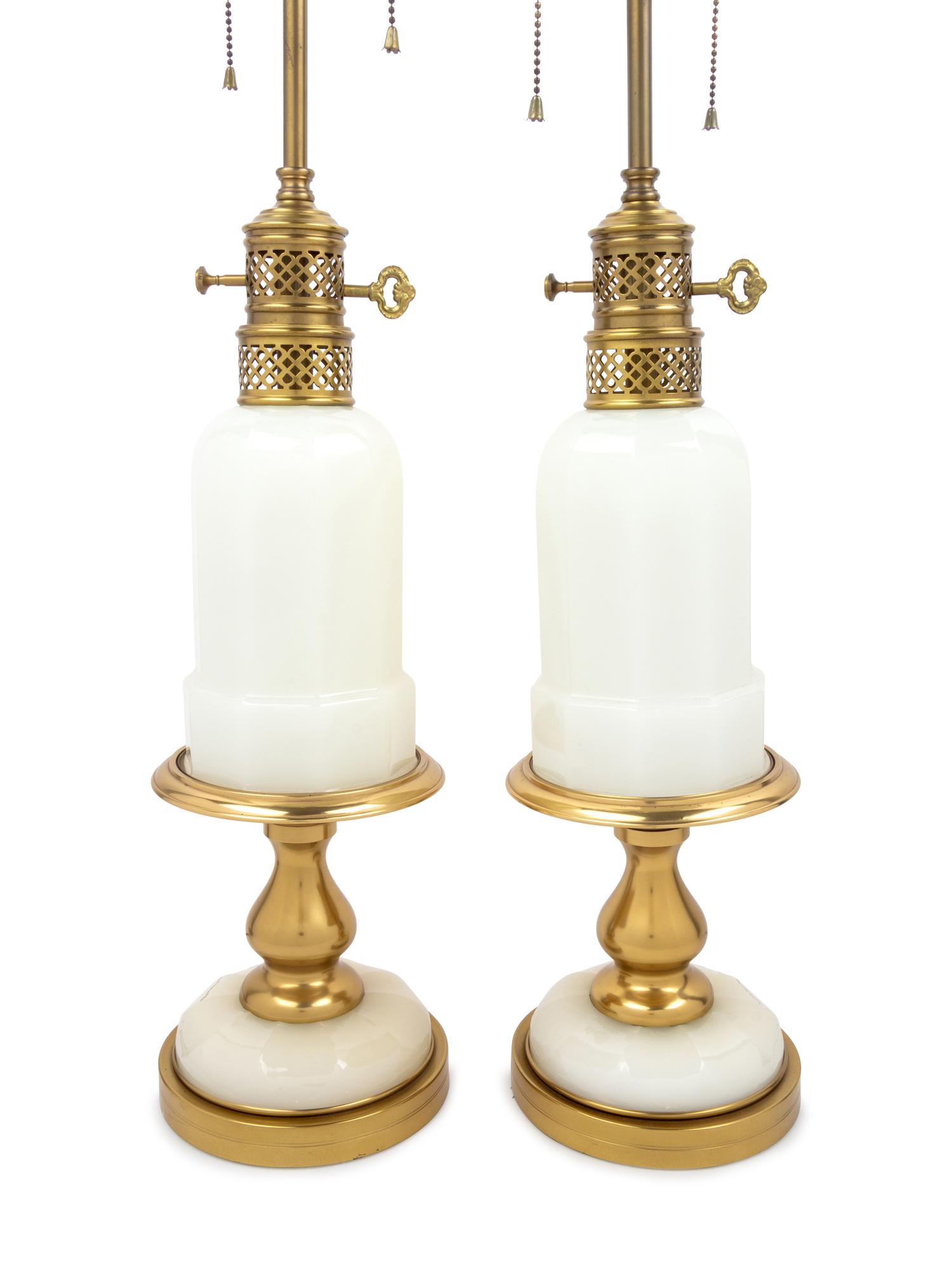 A Pair of Brass and Milk Glass Table Lamps