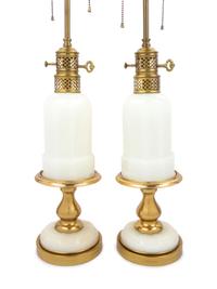 A Pair of Brass and Milk Glass Table Lamps