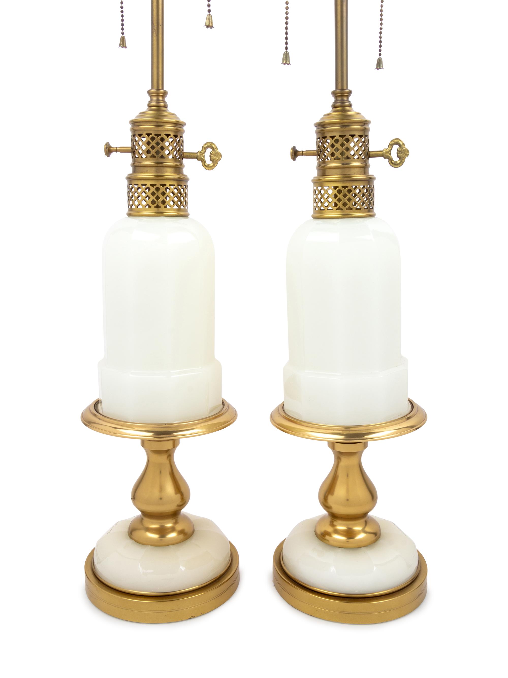 A Pair of Brass and Milk Glass Table Lamps
