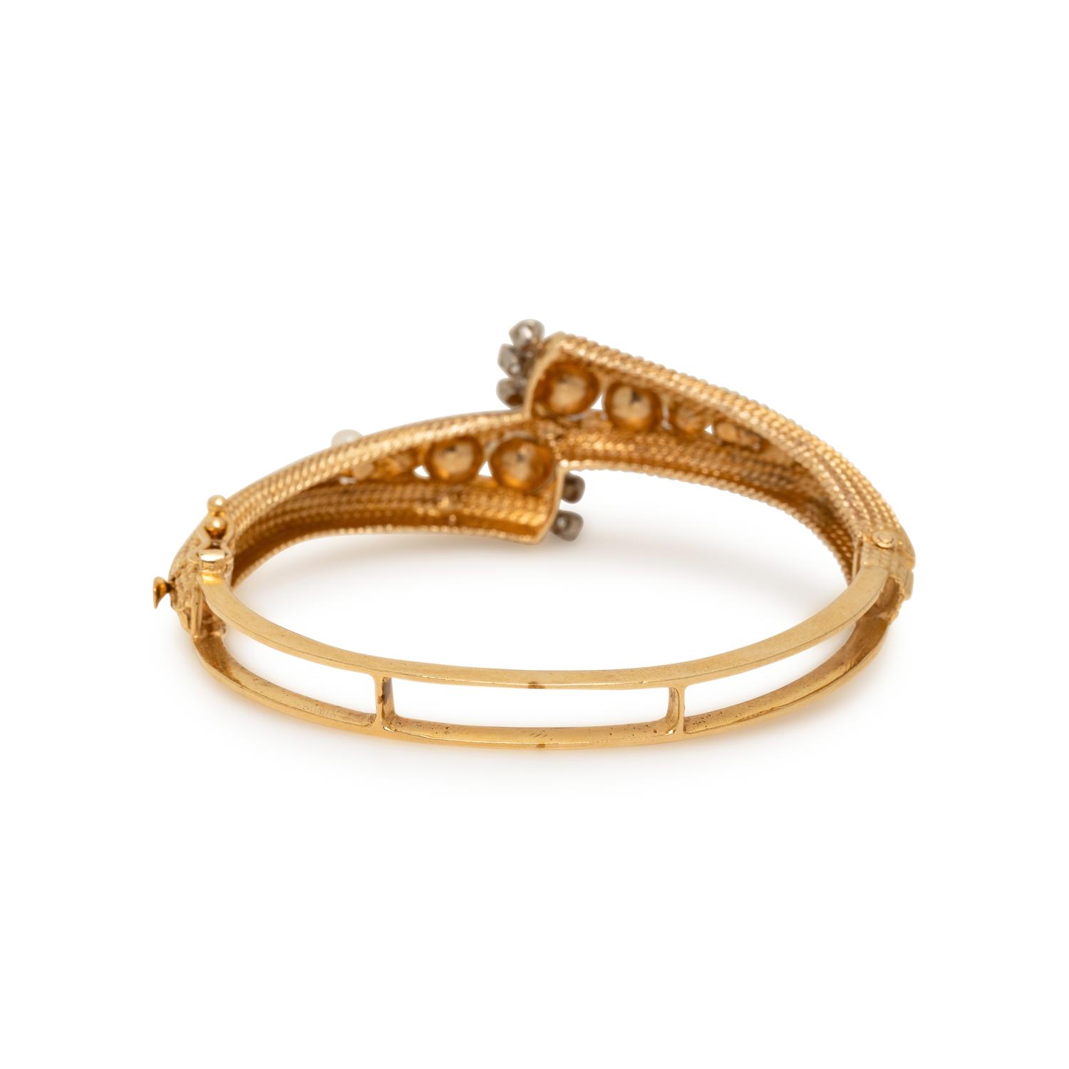 CULTURED PEARL, DIAMOND, AND YELLOW GOLD BANGLE BRACELET