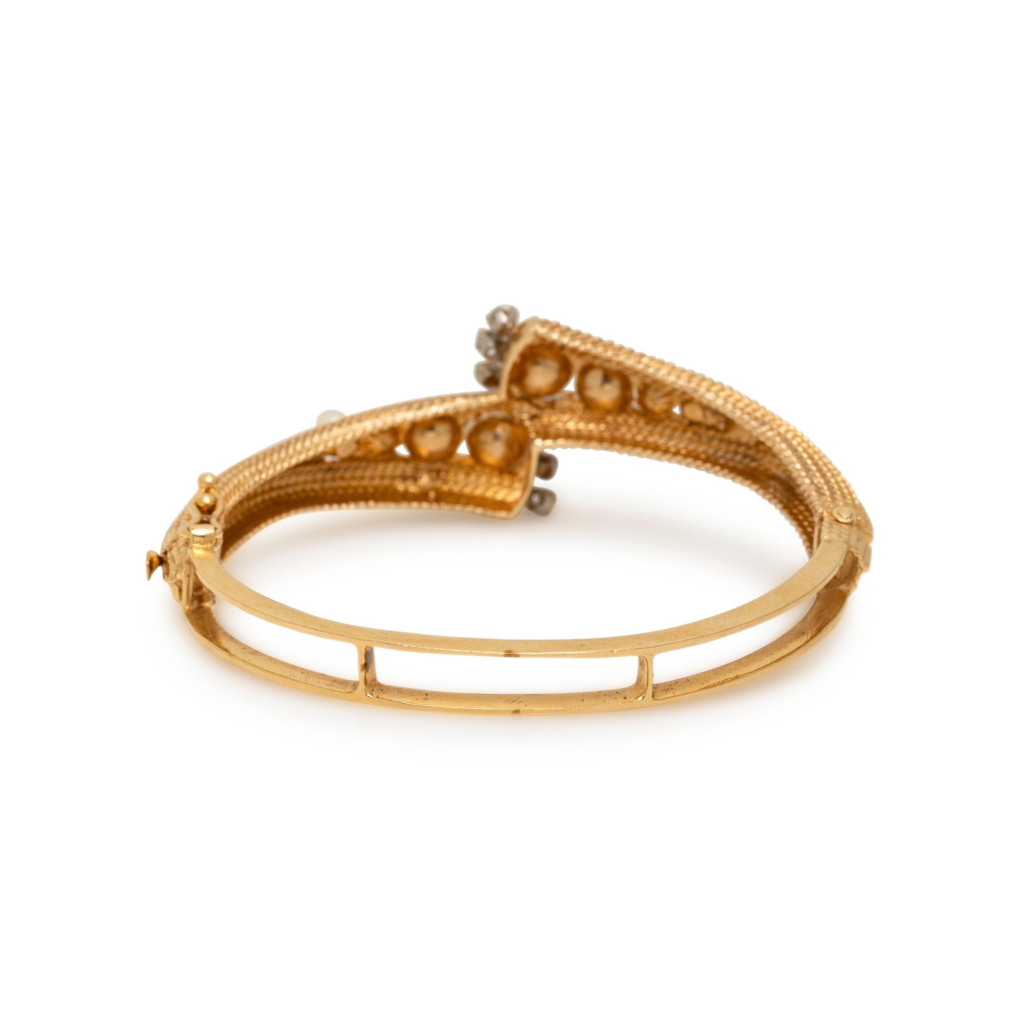 CULTURED PEARL, DIAMOND, AND YELLOW GOLD BANGLE BRACELET