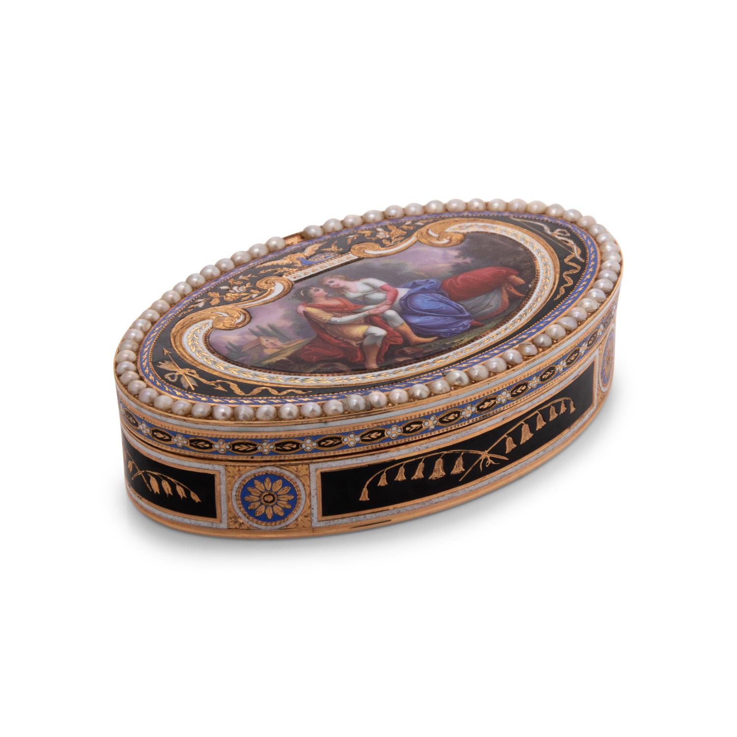 A Swiss Gold, Enamel and Split-Pearl Mounted Snuff Box