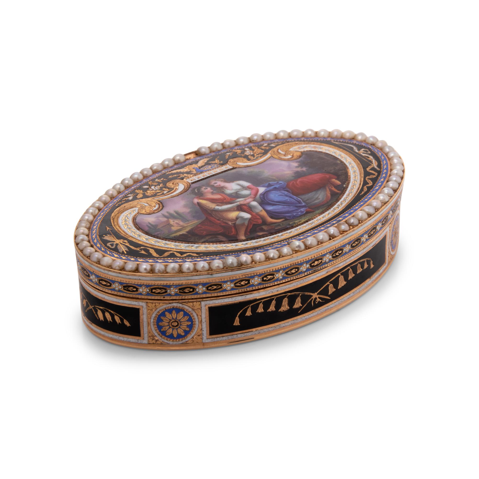 A Swiss Gold, Enamel and Split-Pearl Mounted Snuff Box