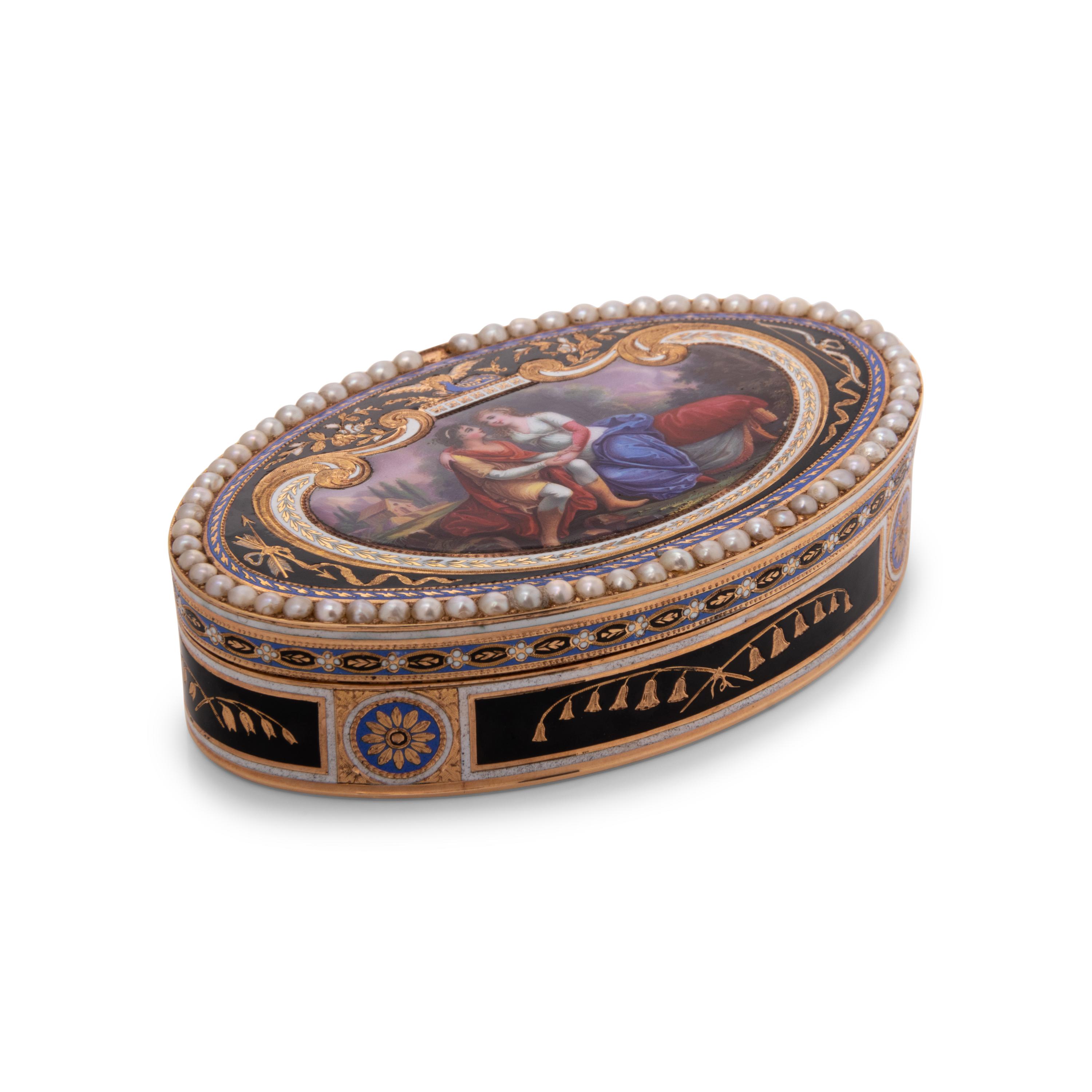 A Swiss Gold, Enamel and Split-Pearl Mounted Snuff Box