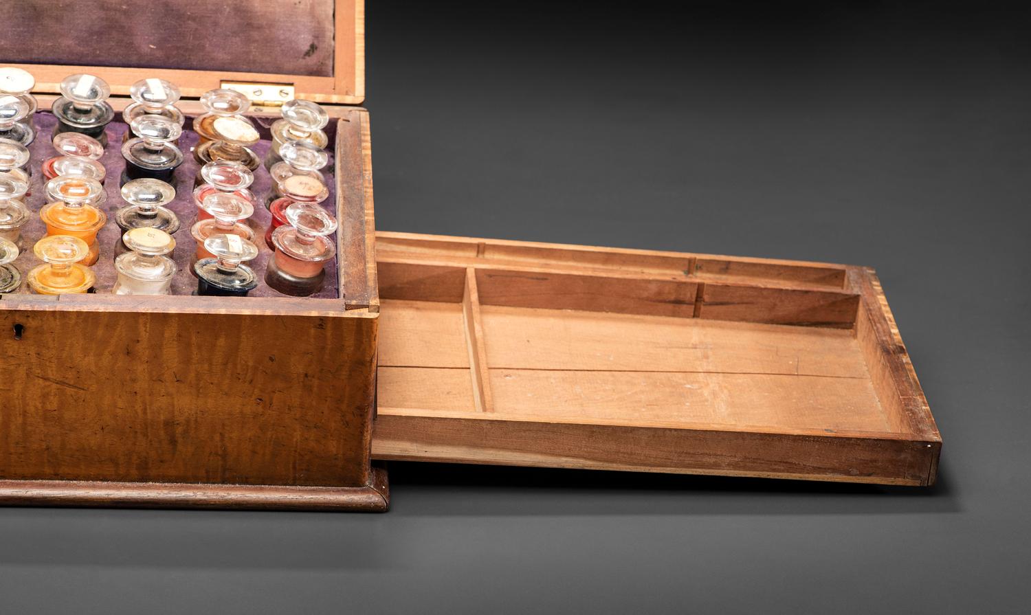 A Victorian Maple Artist's Box with Contents