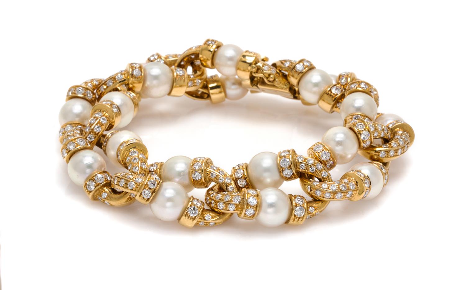 An 18 Karat Yellow Gold, Cultured Pearl and Diamond Bracelet, 62.30 dwts.