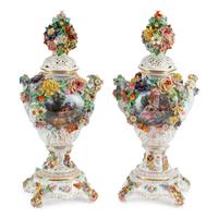A Pair of Dresden Porcelain Urns and Covers