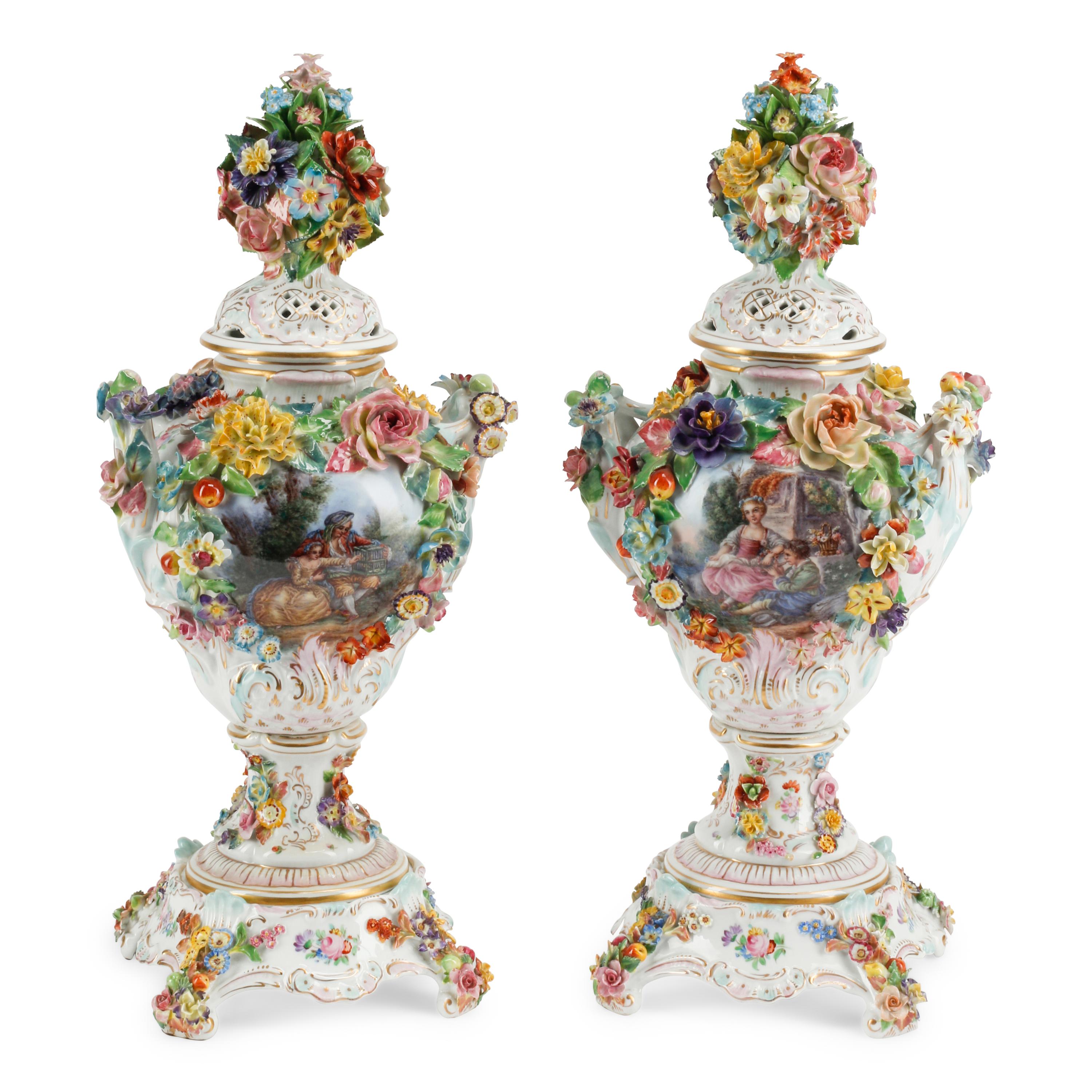 A Pair of Dresden Porcelain Urns and Covers