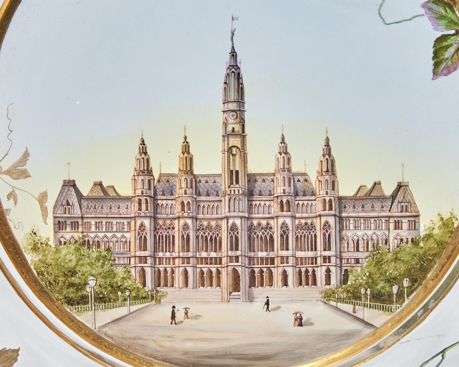 An Enamel Decorated Glass Plate Depicting Wiener Rathaus, Rathausplatz, Vienna