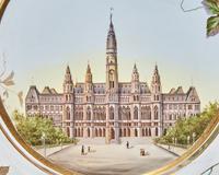 An Enamel Decorated Glass Plate Depicting Wiener Rathaus, Rathausplatz, Vienna