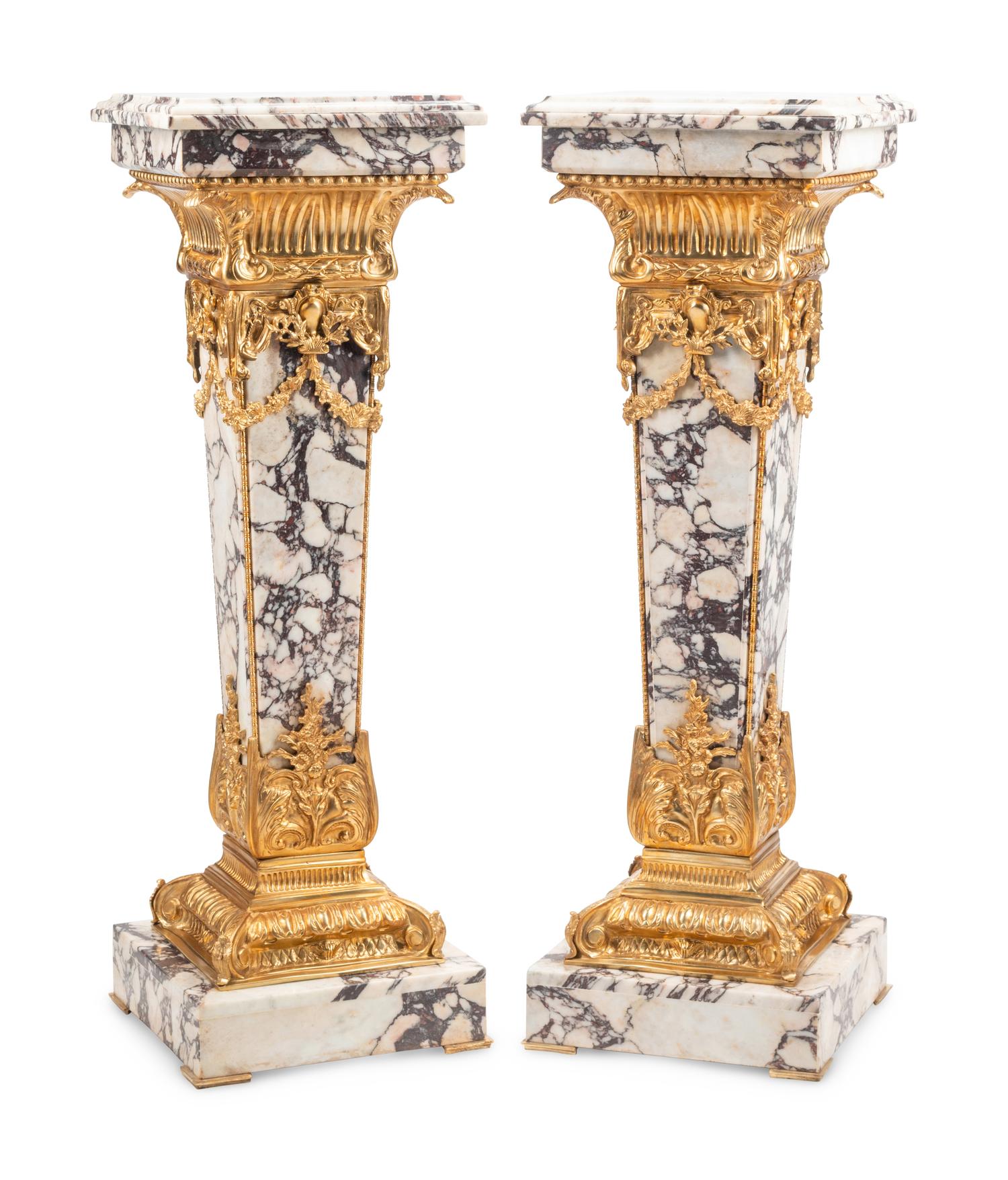A Pair of Louis XVI Style Gilt Bronze Mounted Marble Pedestals