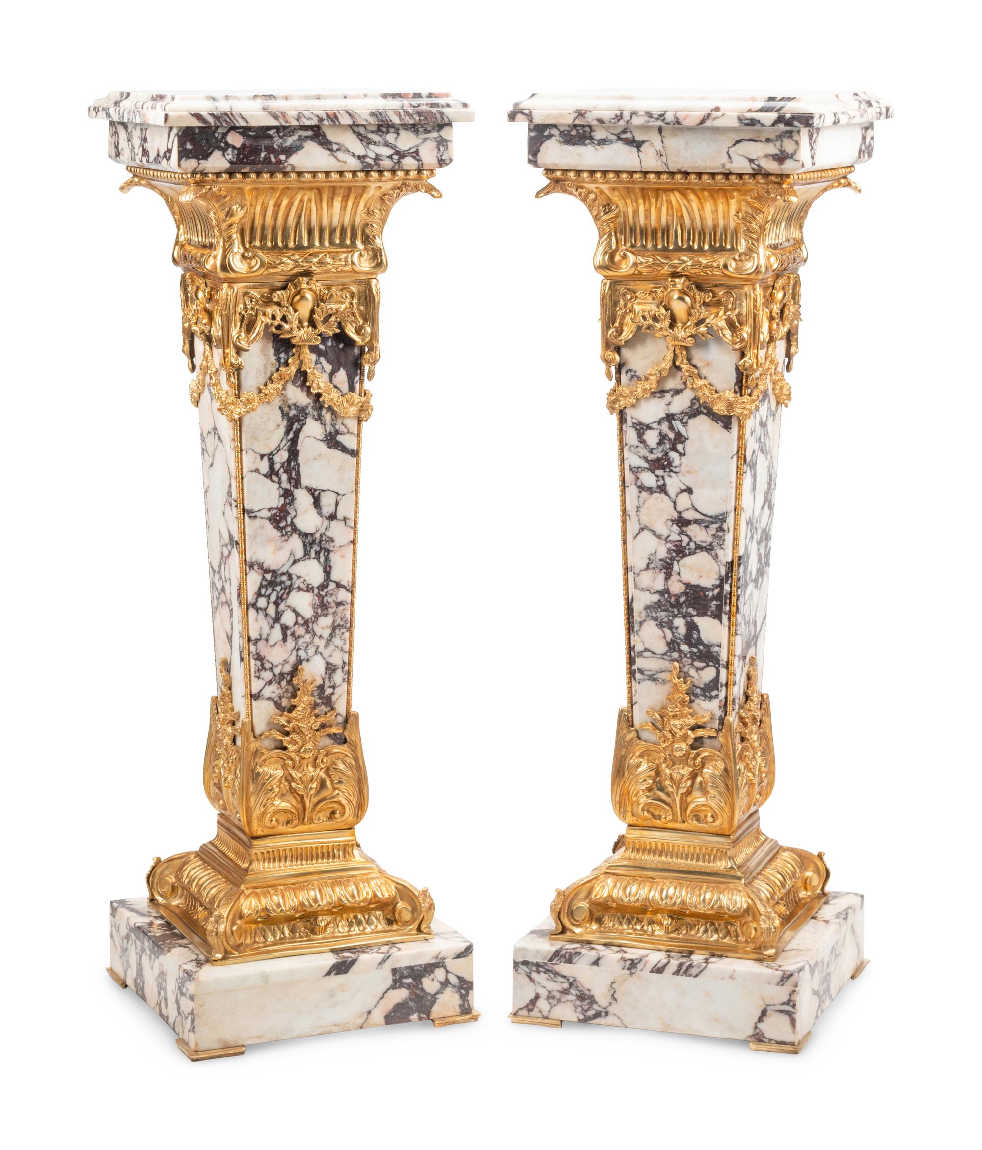 A Pair of Louis XVI Style Gilt Bronze Mounted Marble Pedestals