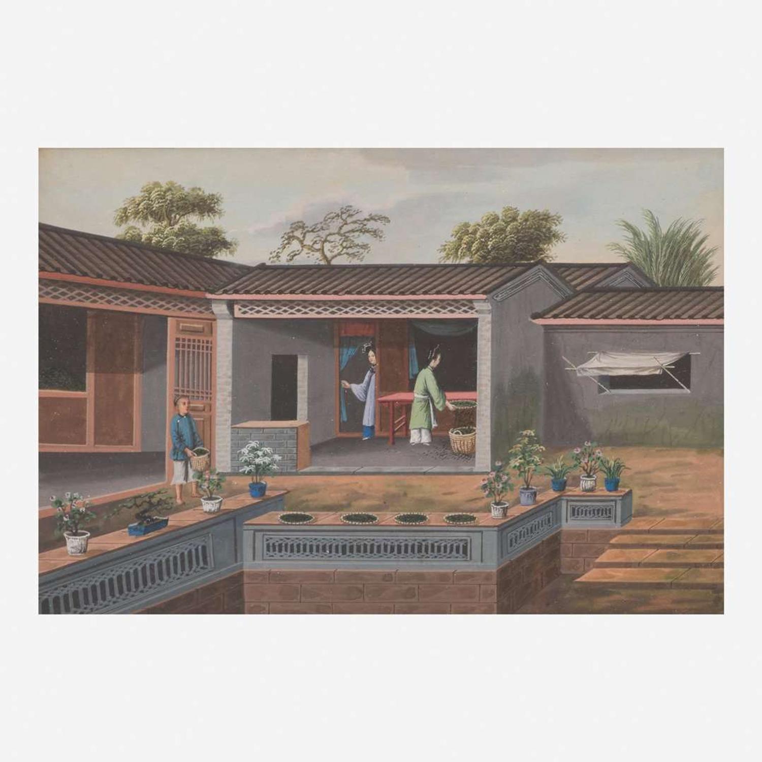 A group of three Chinese export paintings depicting scenes from the production of tea 製茶圖三幅 19th century ????
