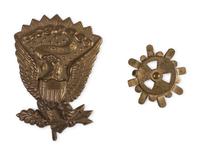 Civil War-period brass cap ventilator and enlisted Hardee hat eagle.