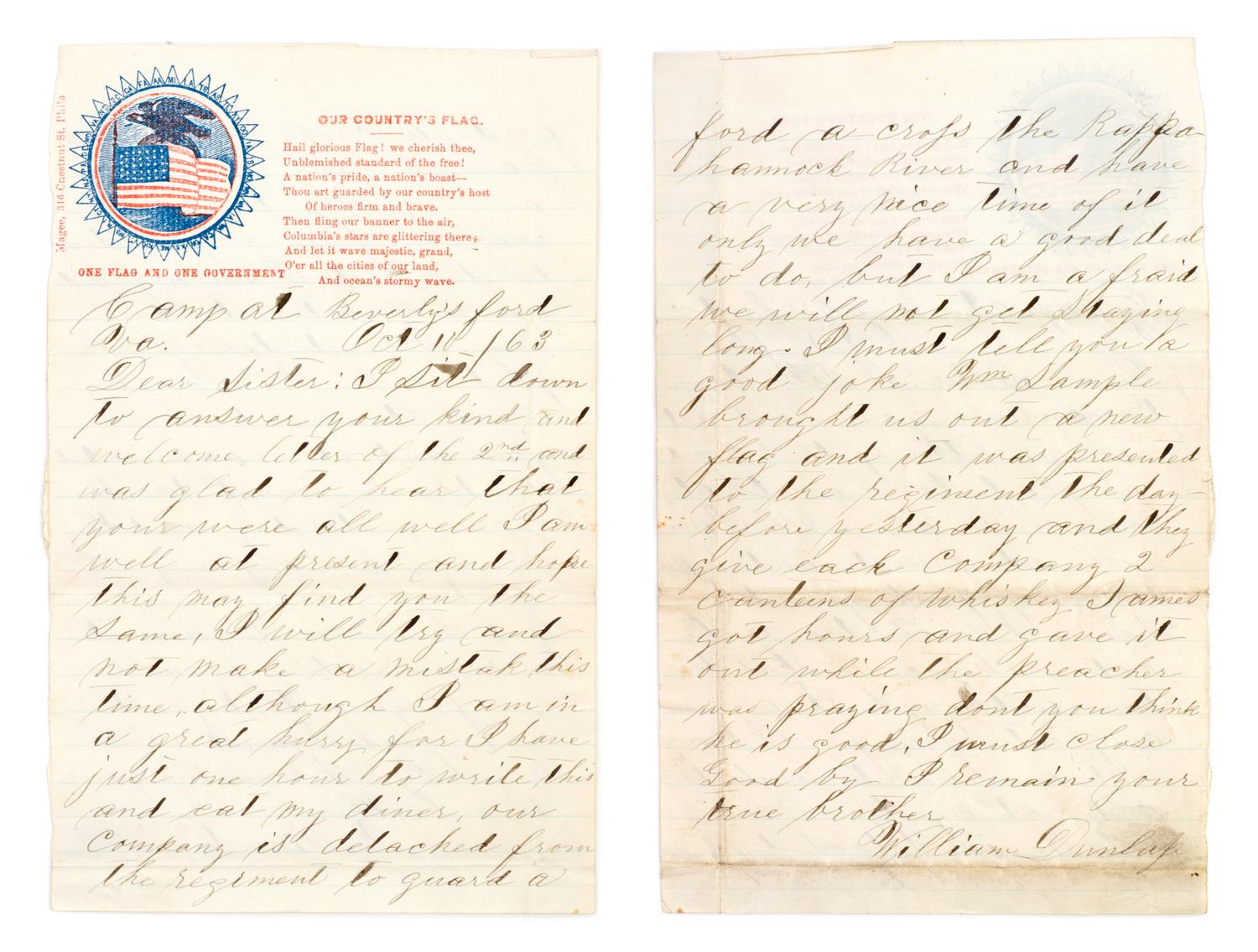 (CIVIL WAR) DUNLAP, WILLIAM. Archive of correspondence, 1863-1865, Gettysburg and Lincoln's death included.