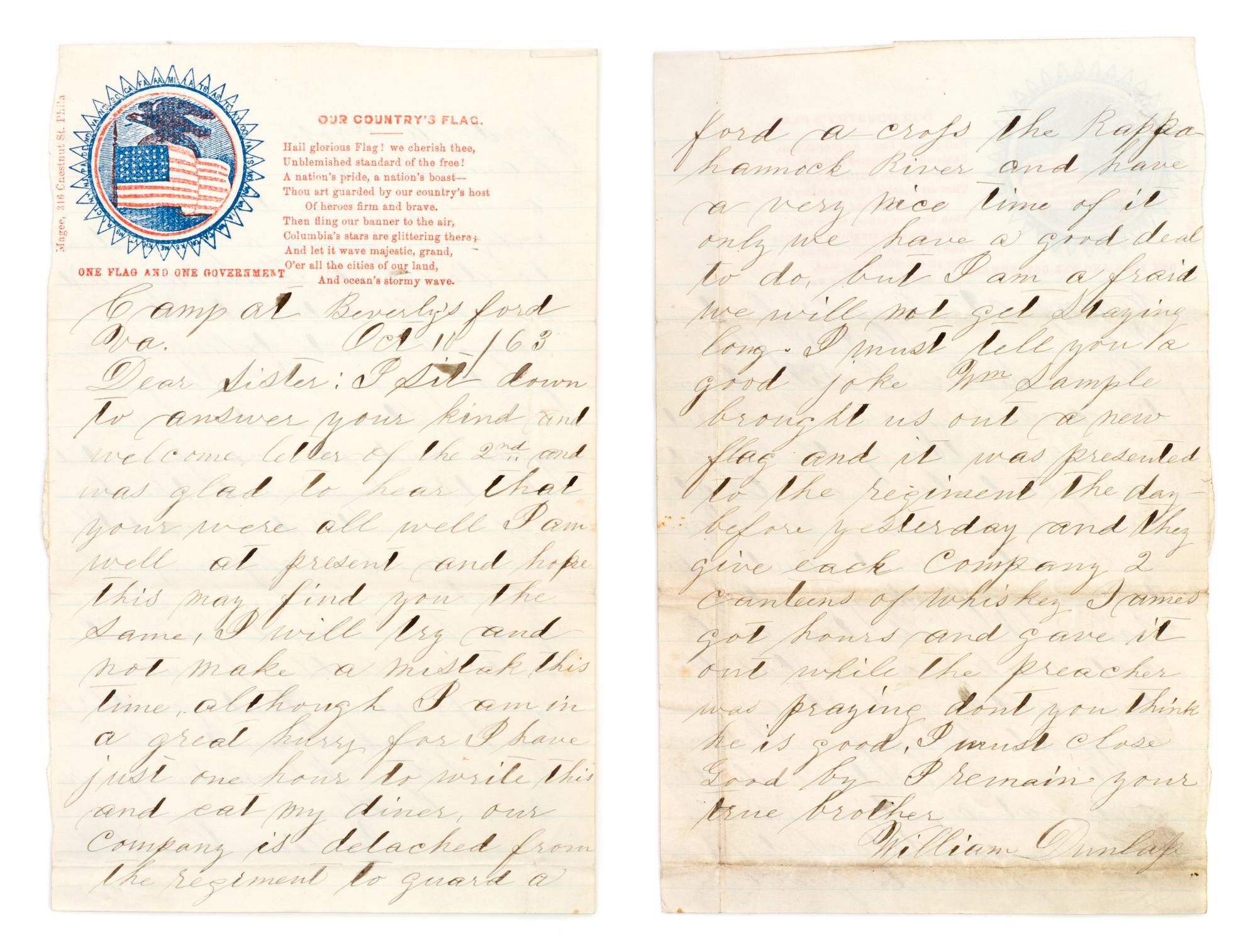 (CIVIL WAR) DUNLAP, WILLIAM. Archive of correspondence, 1863-1865, Gettysburg and Lincoln's death included.