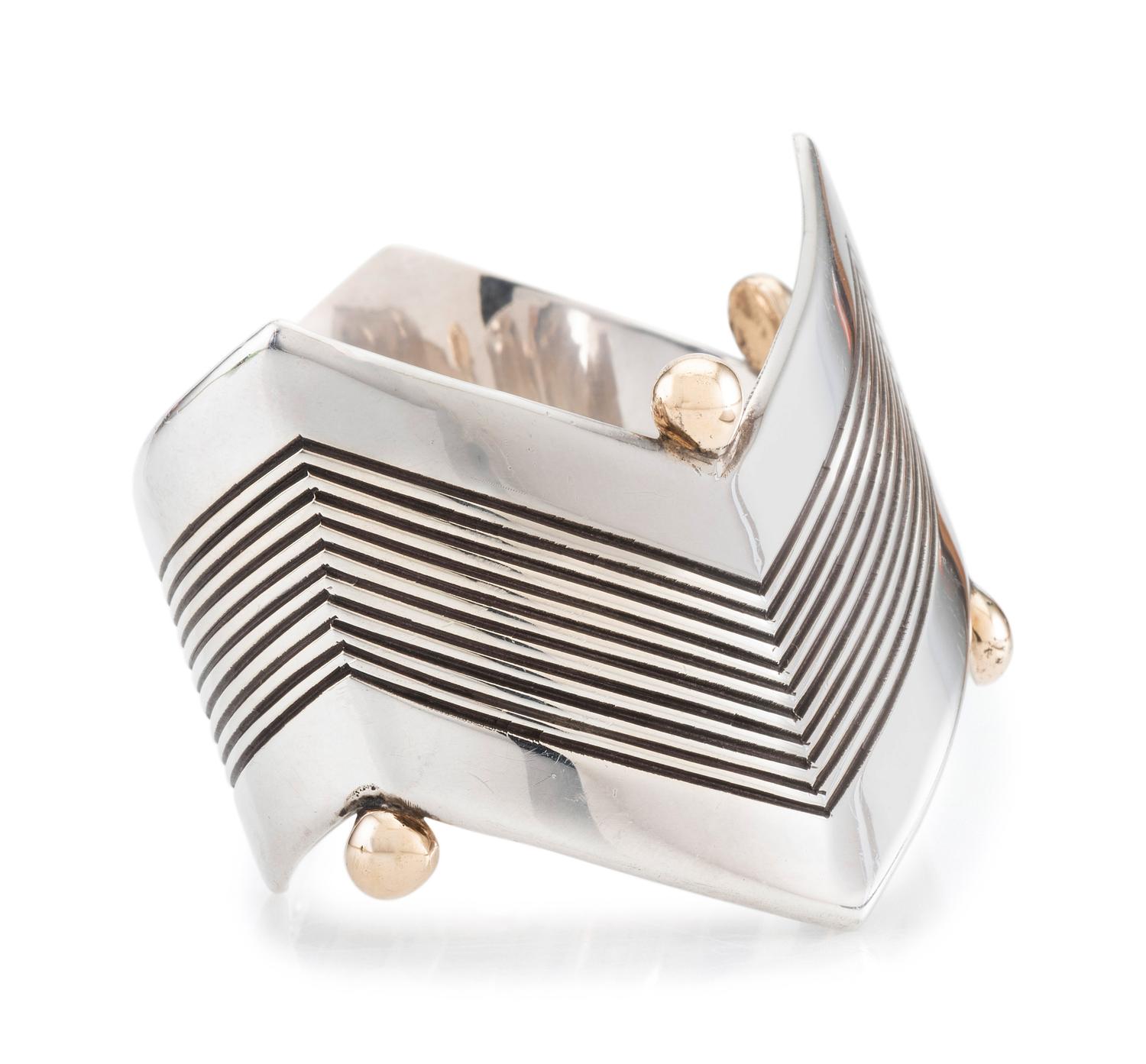 Sterling Silver Zigzag Cuff Bracelet, with 14K Gold Bead Accents