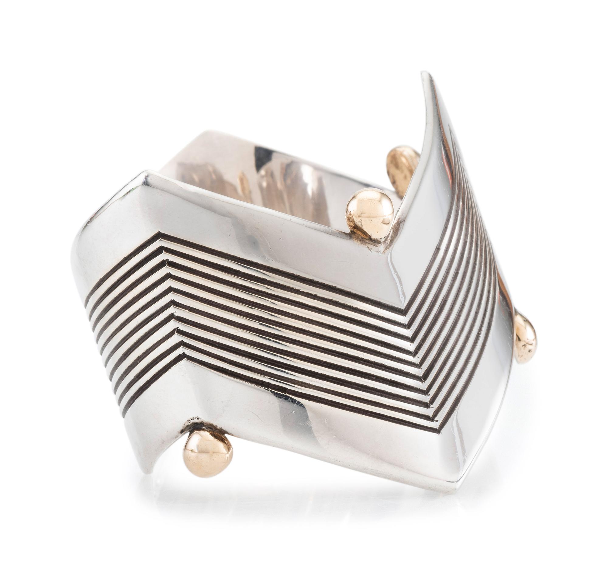 Sterling Silver Zigzag Cuff Bracelet, with 14K Gold Bead Accents