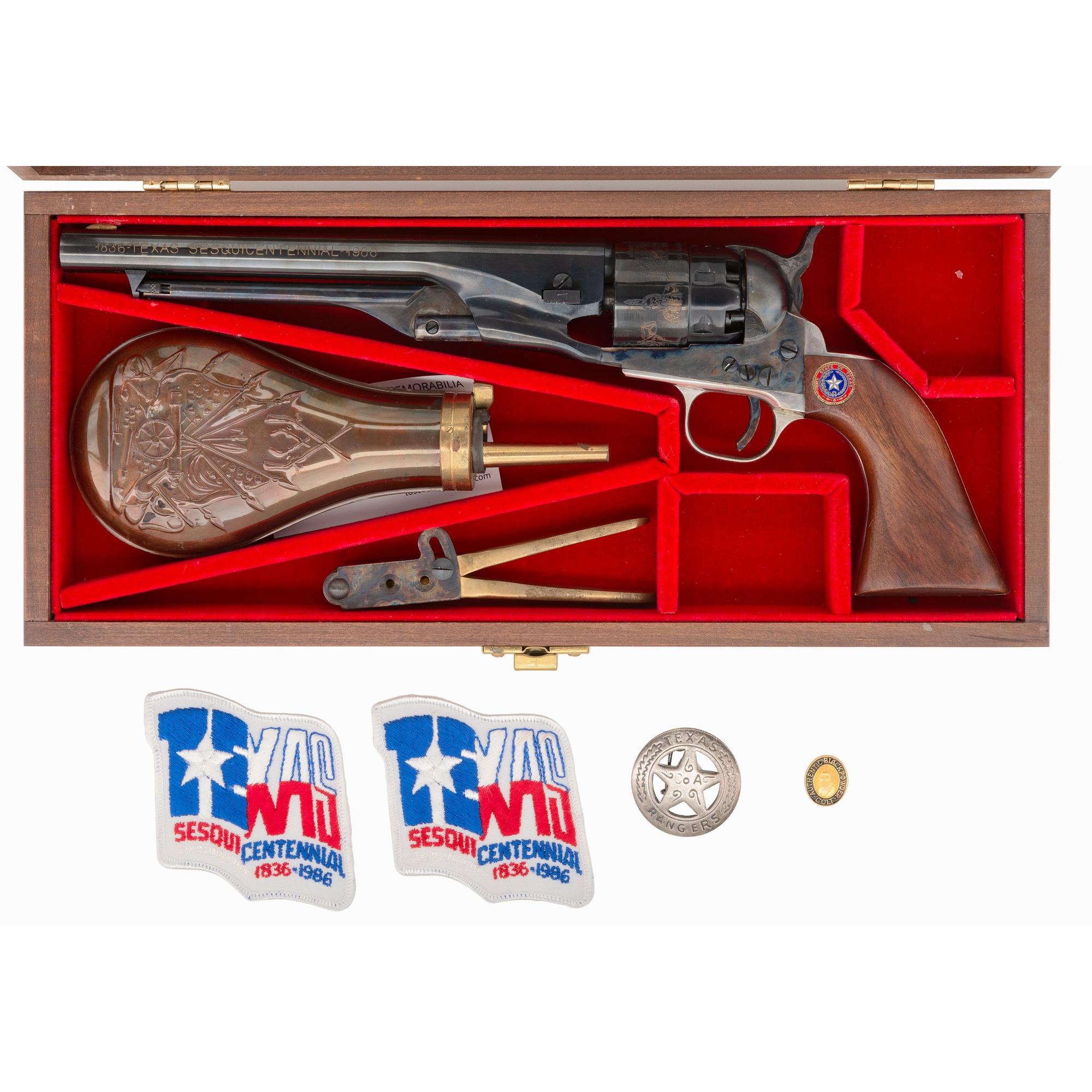 Display Cased Replica Colt 1860 Army Texas Sesquicentennial Percussion Revolver with Accessories