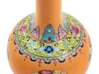 A Pair of Chinese Apricot Ground Famille Rose Porcelain Bottle Vases