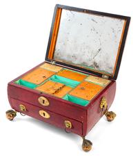 An English Leather Veneered Jewelry Box Height 7 1/2 x width 10 1/2 x depth 8 inches. — 19TH CENTURY
