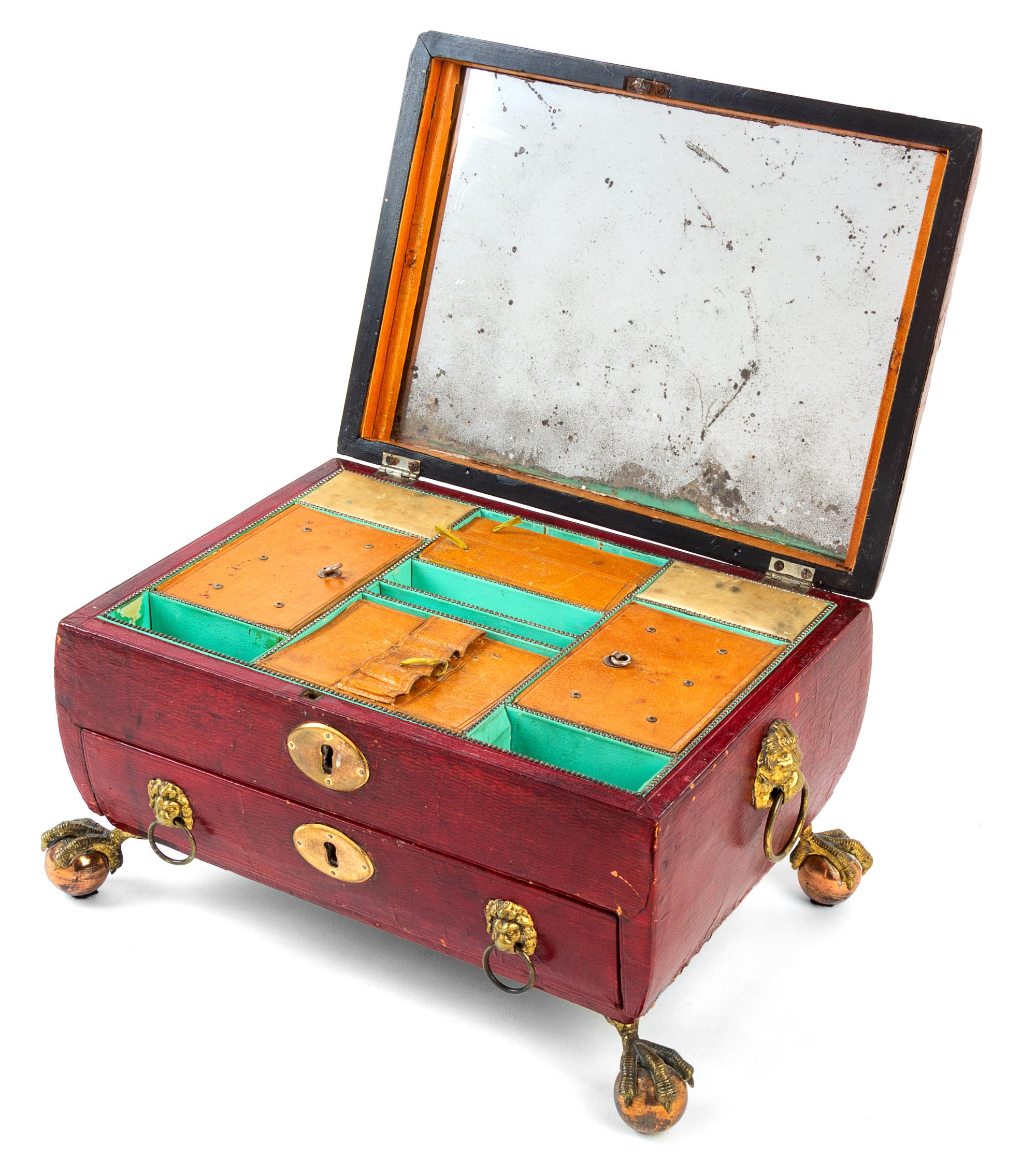 An English Leather Veneered Jewelry Box Height 7 1/2 x width 10 1/2 x depth 8 inches. — 19TH CENTURY