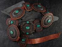 Large Sterling Silver, Turquoise, and Coral Cluster Concha Belt