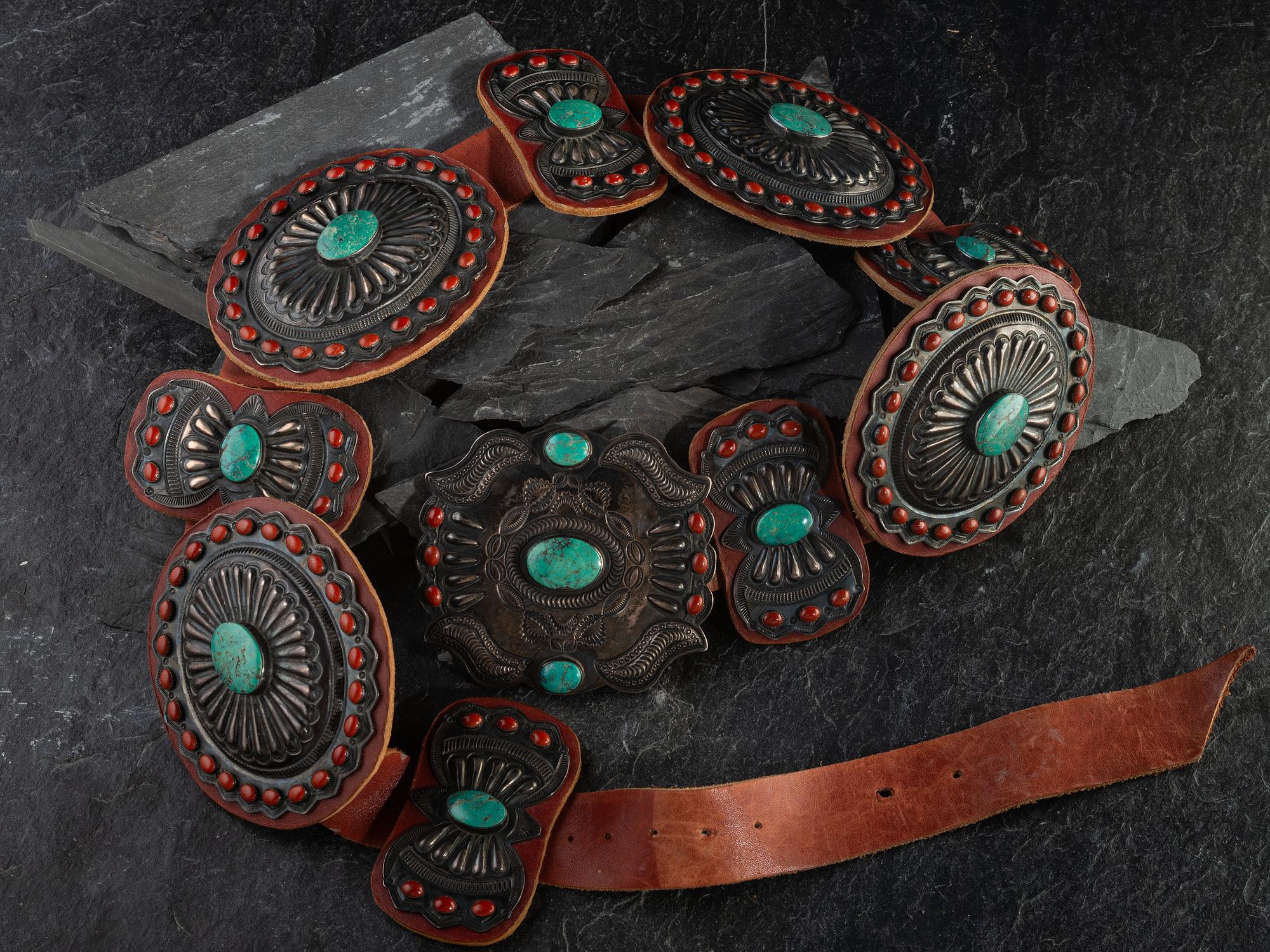 Large Sterling Silver, Turquoise, and Coral Cluster Concha Belt