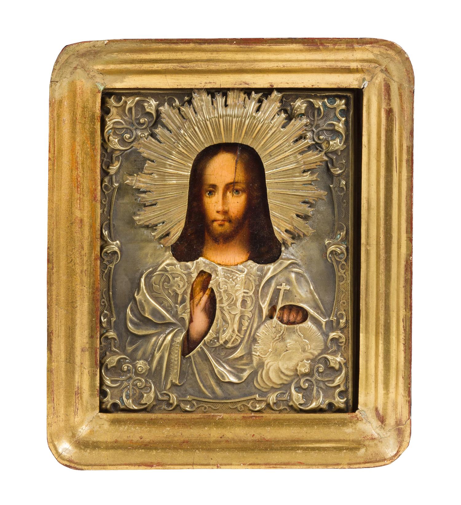 An Eastern European Painted Oklad Icon Frame 9 3/4 x width 8 3/8 inches. — 19TH CENTURY
