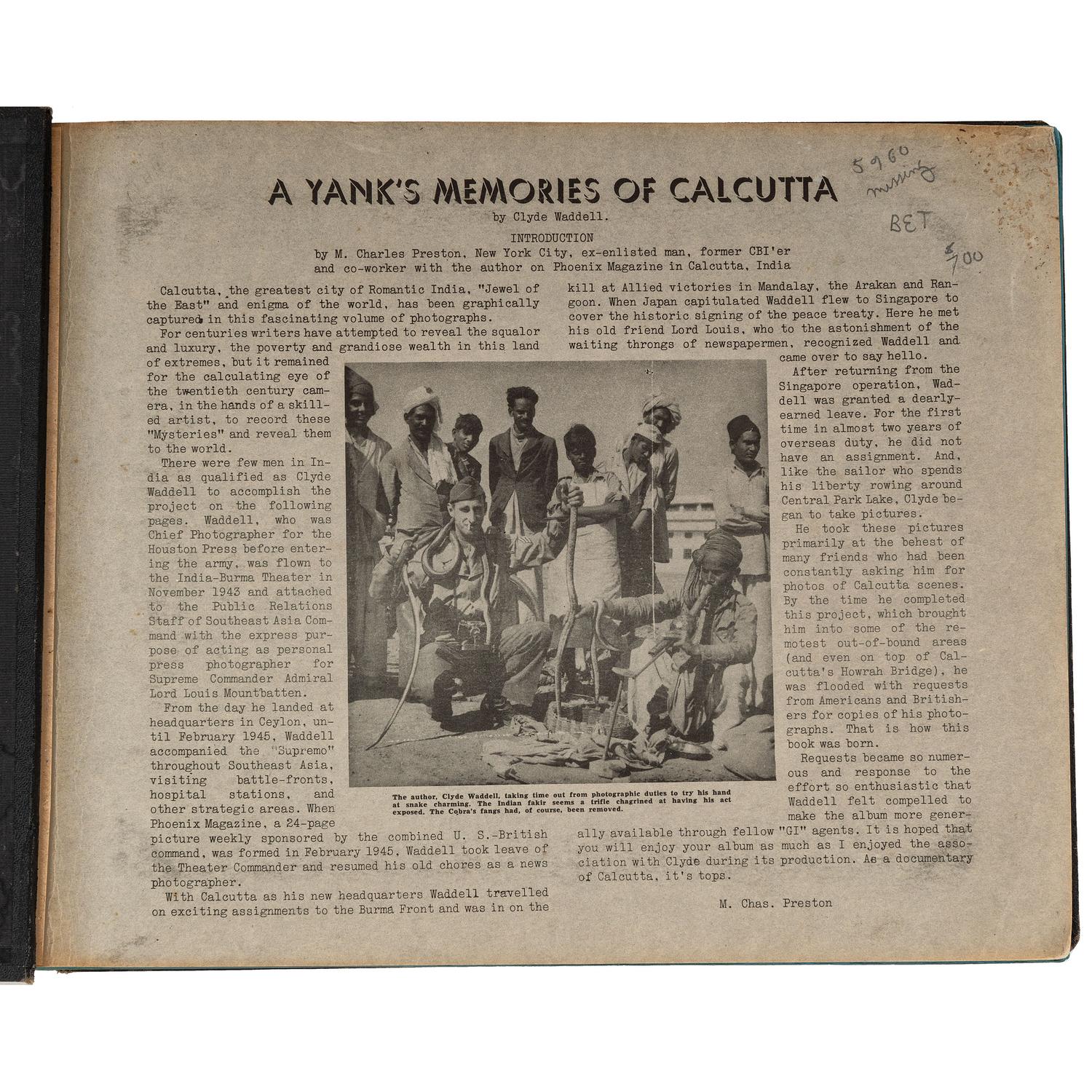 [PHOTOGRAPHY]. WADDELL, Clyde. A Yank's Memories of Calcutta . N.p.: privately published, 1946.