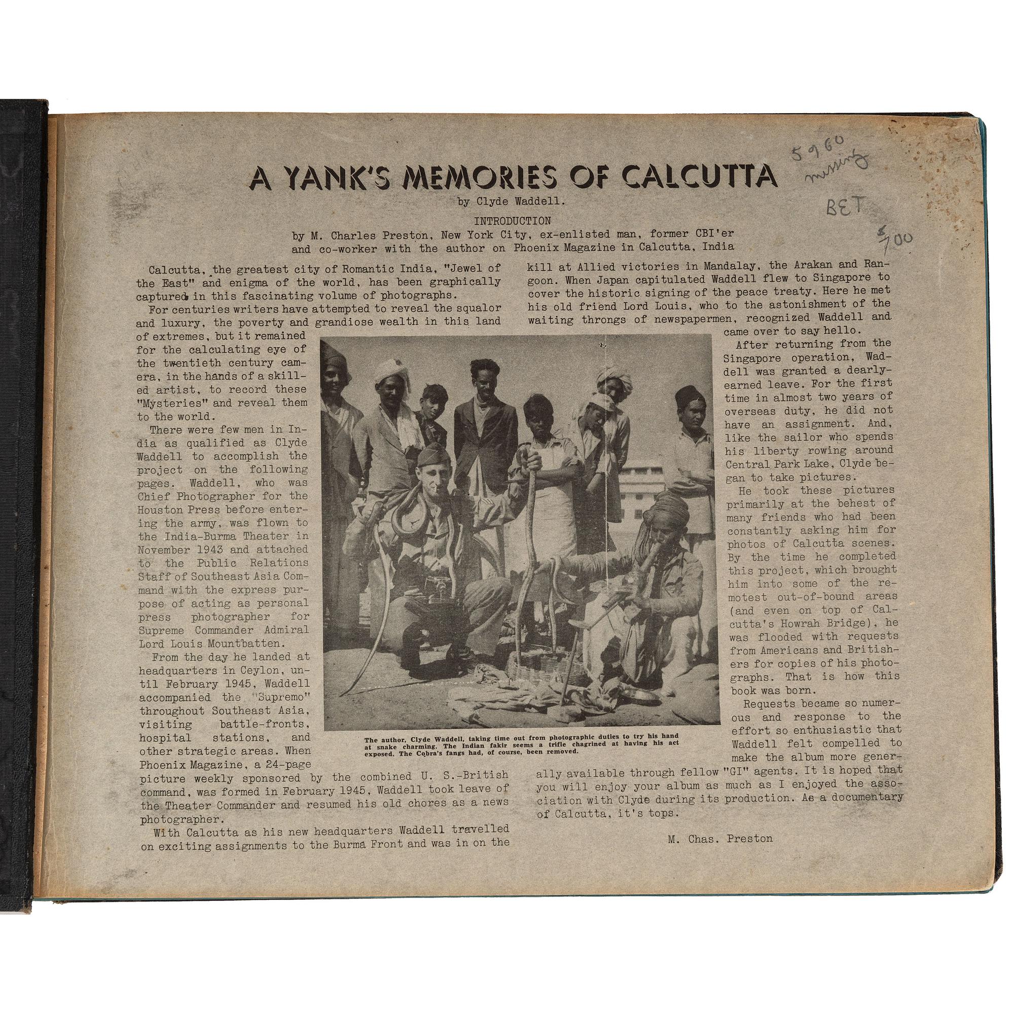 [PHOTOGRAPHY]. WADDELL, Clyde. A Yank's Memories of Calcutta . N.p.: privately published, 1946.