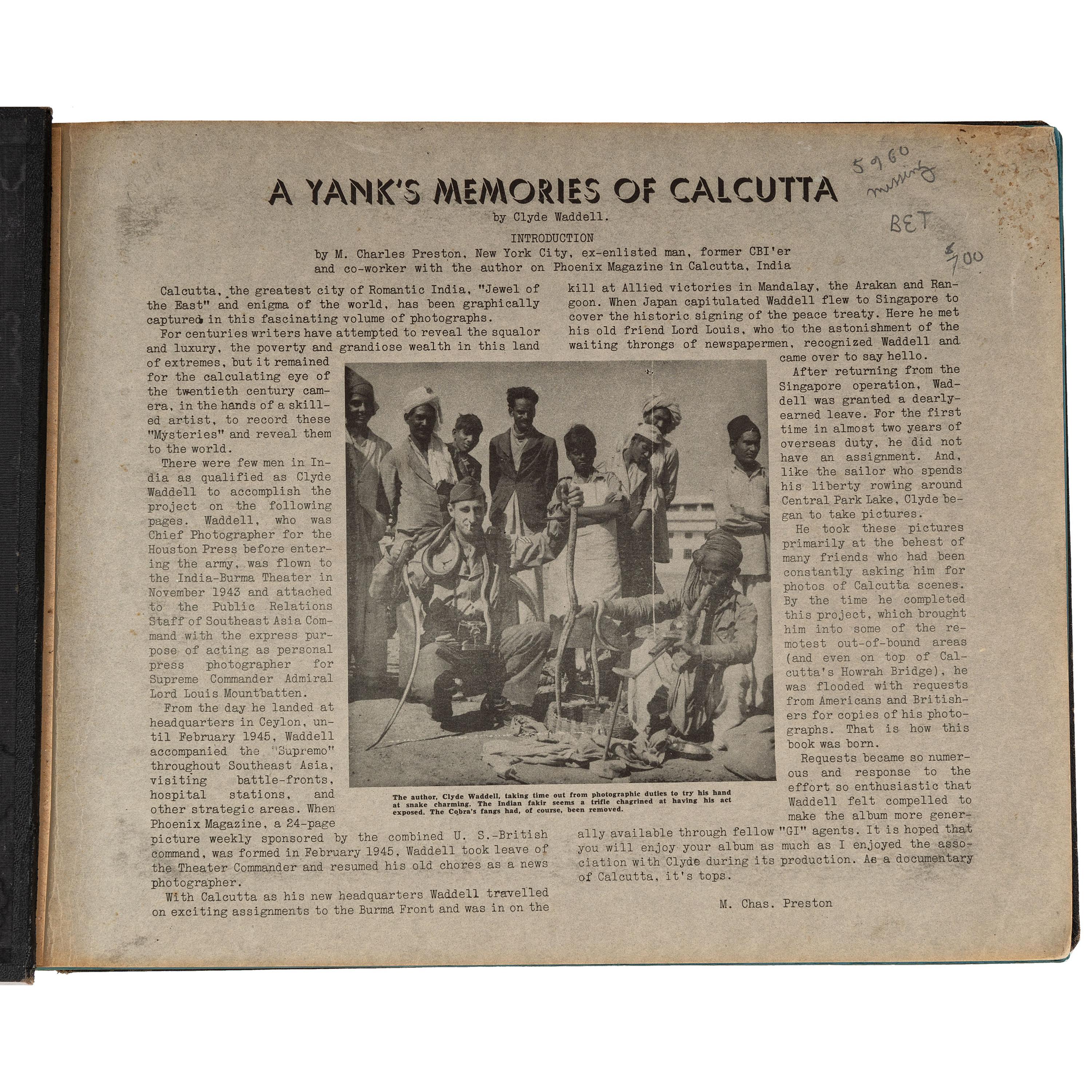 [PHOTOGRAPHY]. WADDELL, Clyde. A Yank's Memories of Calcutta . N.p.: privately published, 1946.