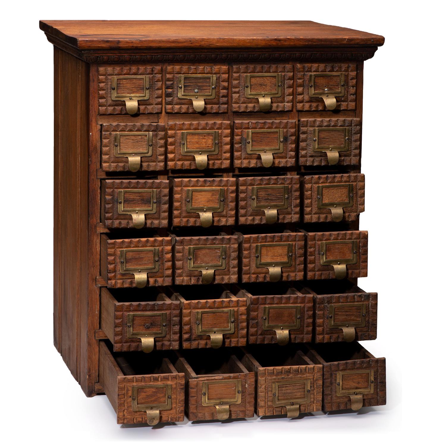 A Wooden Twenty-Four Drawer Card Filing Cabinet