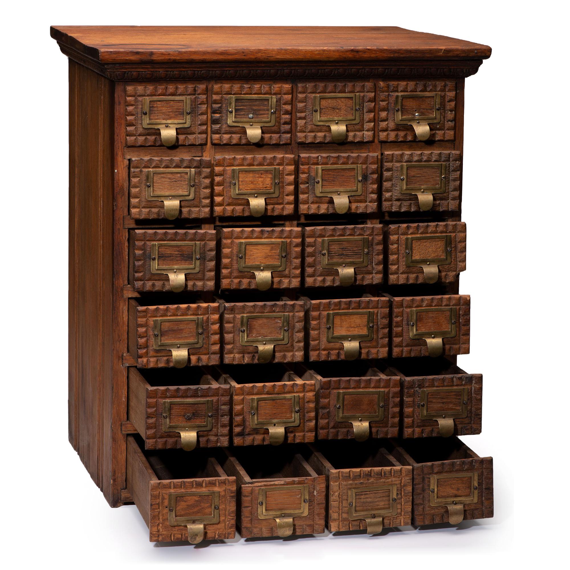 A Wooden Twenty-Four Drawer Card Filing Cabinet