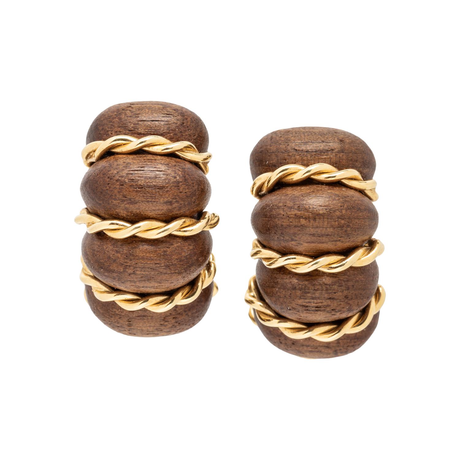 SEAMAN SCHEPPS, WOOD AND YELLOW GOLD 'SHRIMP' EARRINGS