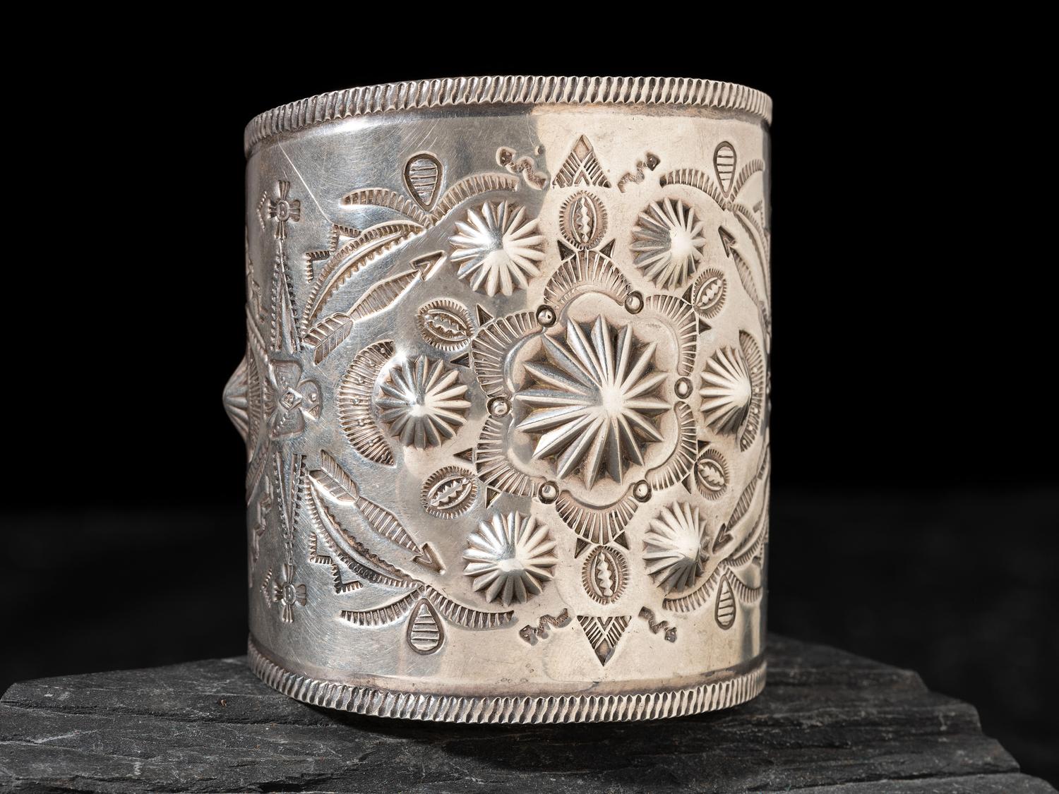 Large Navajo Fred Harvey Era Heavily Stamped Silver Cuff Bracelet