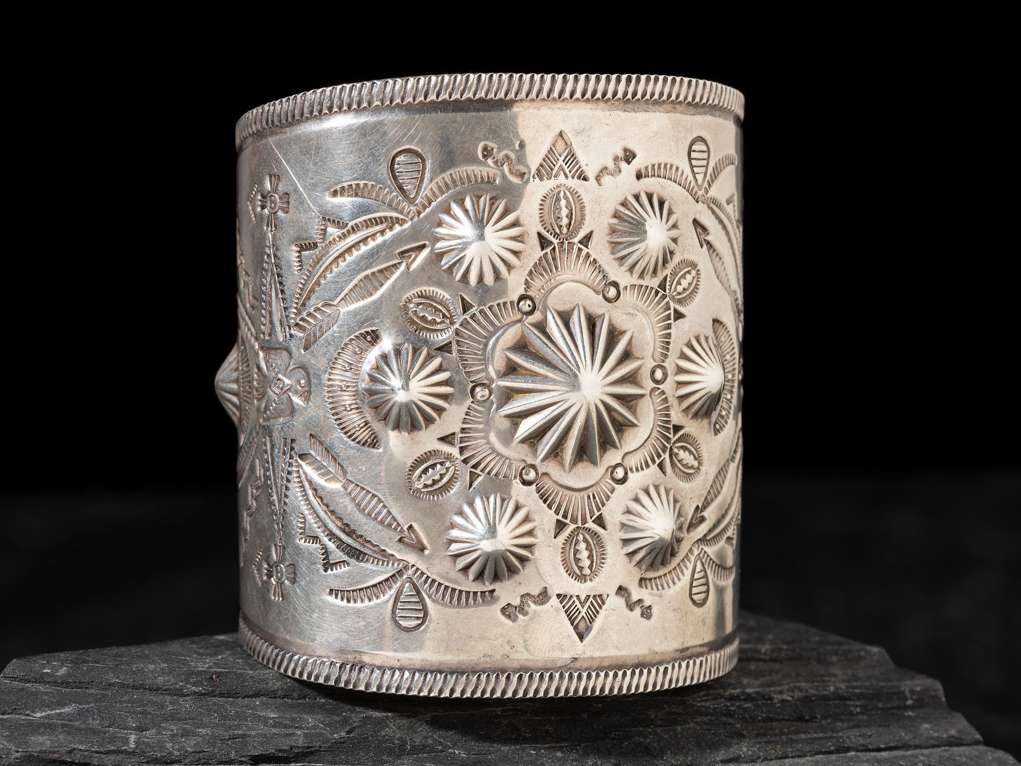 Large Navajo Fred Harvey Era Heavily Stamped Silver Cuff Bracelet