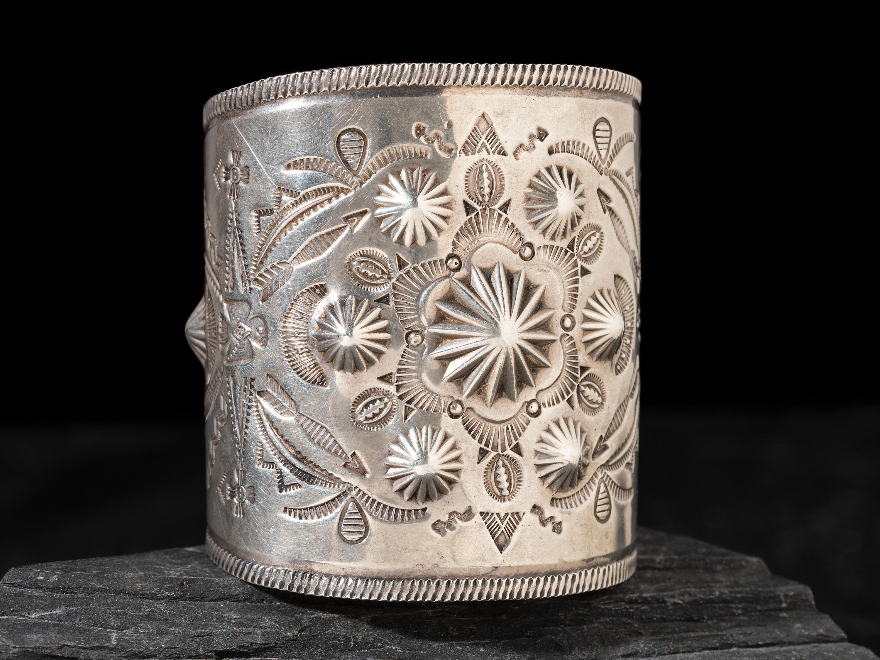 Large Navajo Fred Harvey Era Heavily Stamped Silver Cuff Bracelet