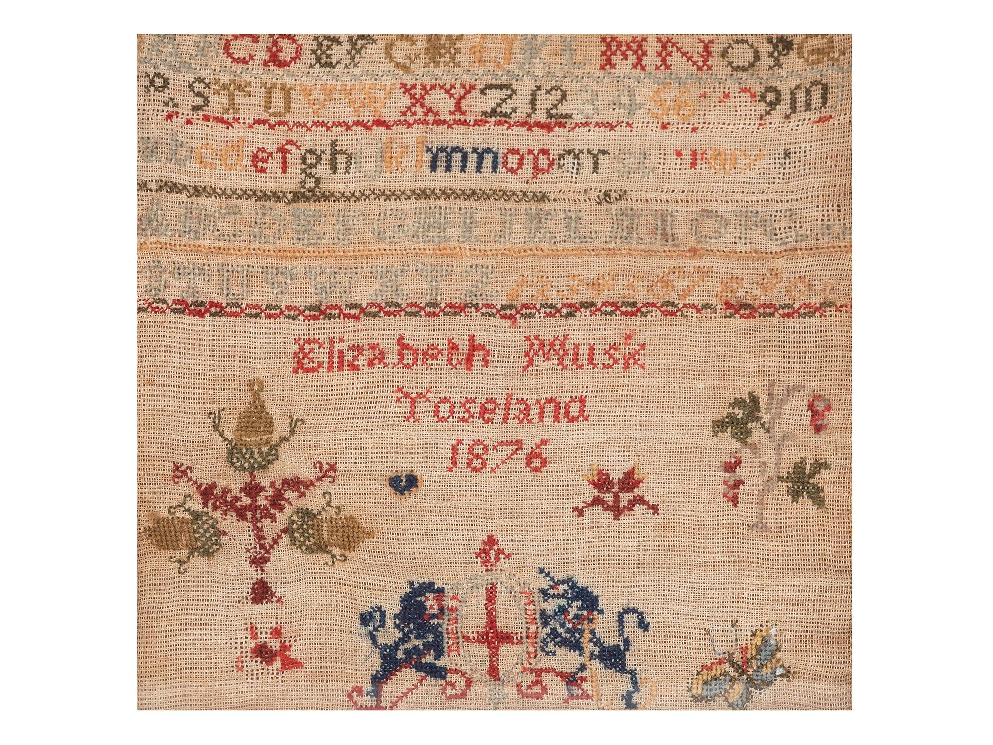 Four English Needlework Embroidered Pictorial Schoolgirl's Samplers