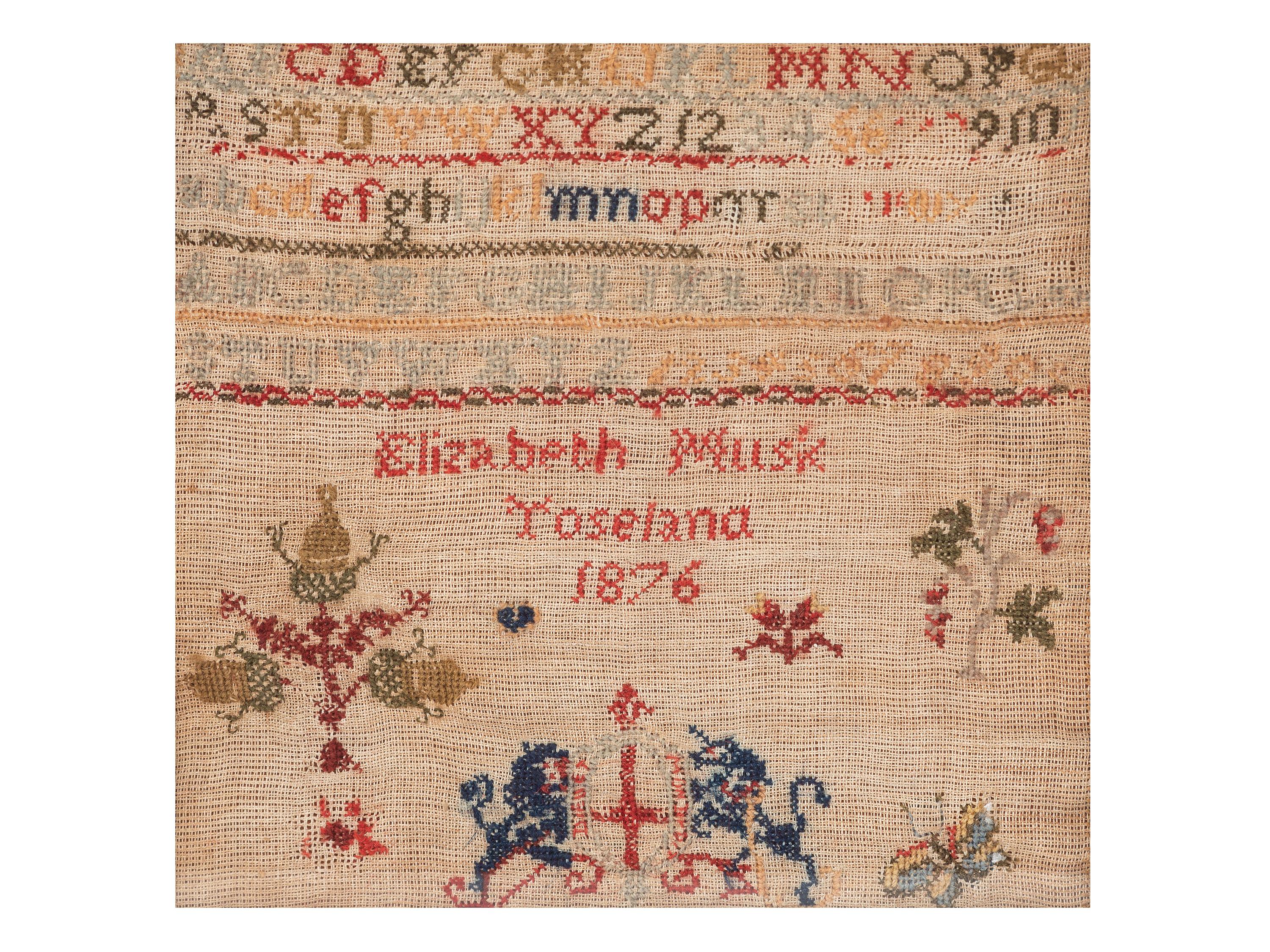 Four English Needlework Embroidered Pictorial Schoolgirl's Samplers