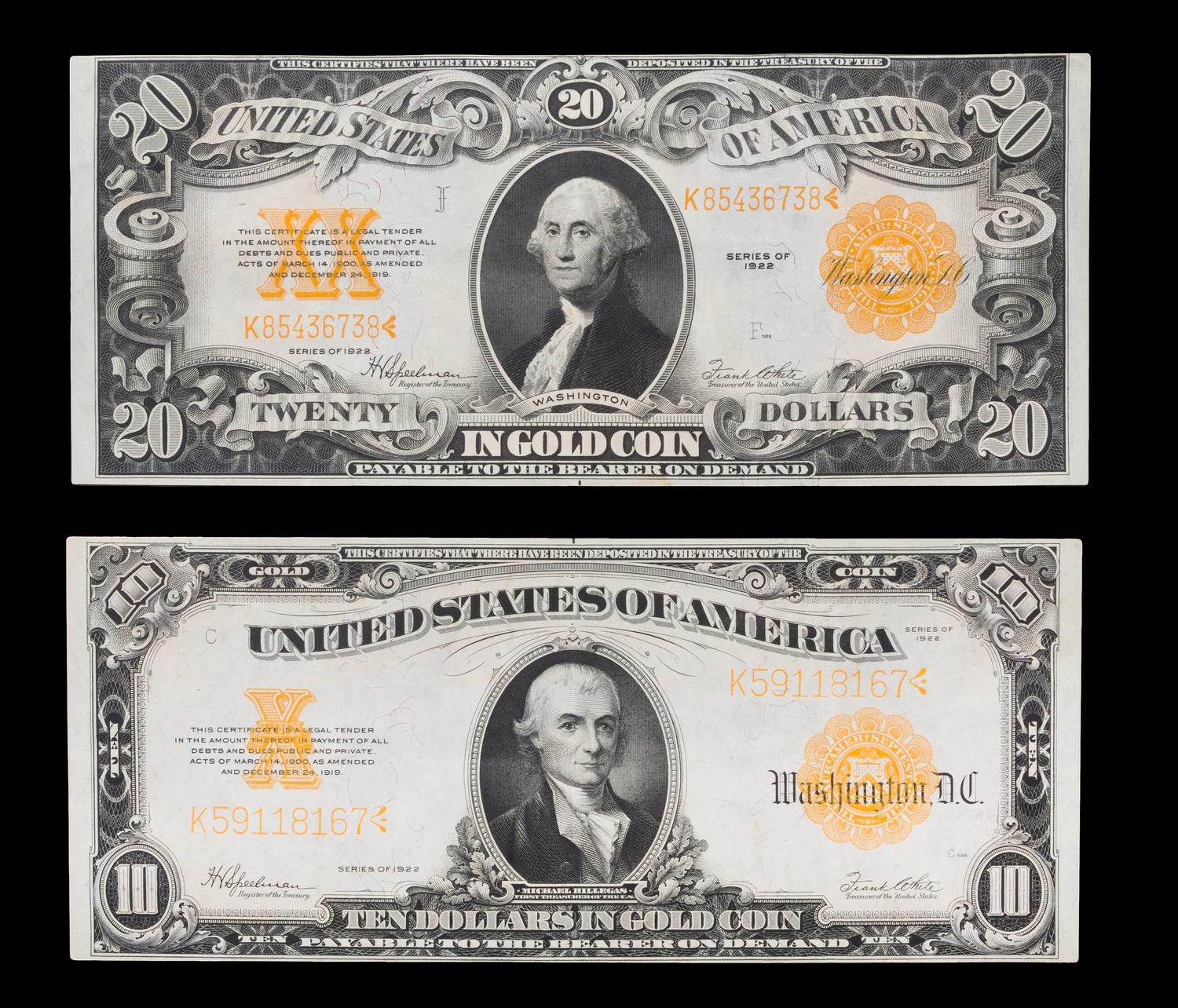 Two United States 1922 Large-Size Gold Certificates