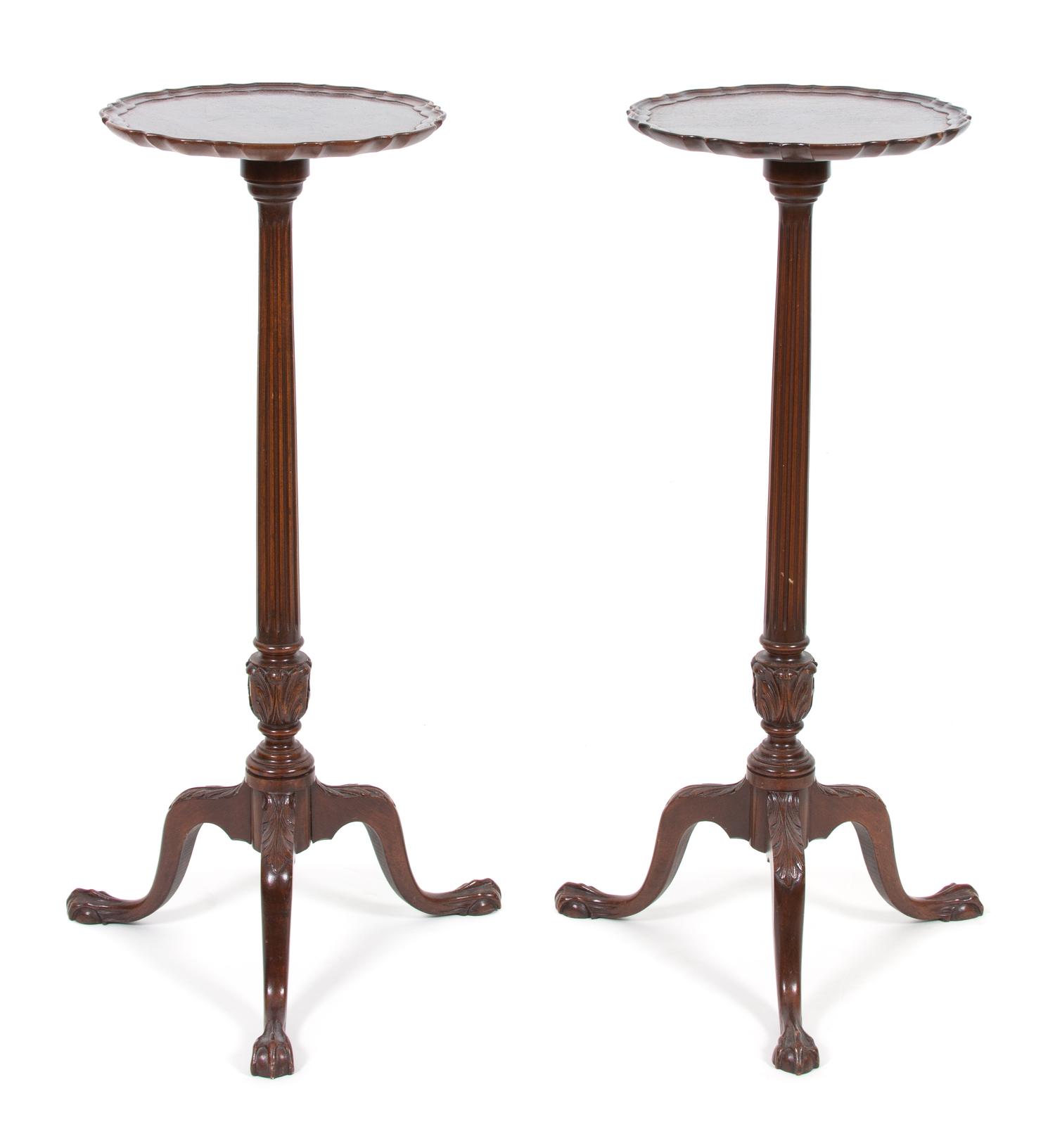 A Pair of George III Style Carved Mahogany Pie Crust Top Pedestal Stands Height 37 x diameter 13 1/2 inches. — 19TH CENTURY