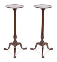 A Pair of George III Style Carved Mahogany Pie Crust Top Pedestal Stands Height 37 x diameter 13 1/2 inches. — 19TH CENTURY